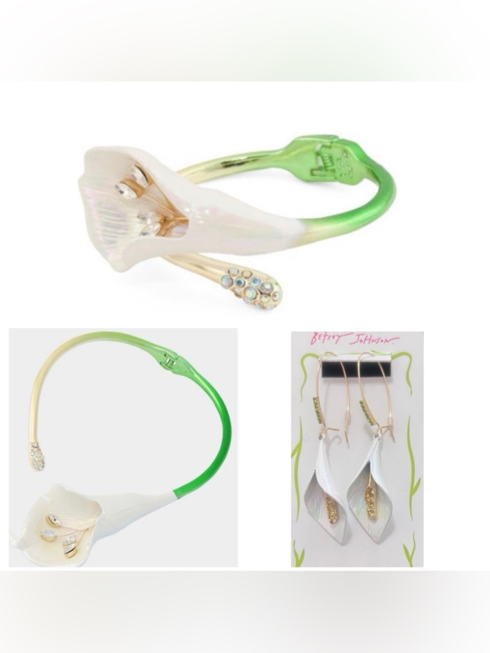 BETSEY JOHNSON SET Calla Lily Bypass Bracelet Earrings & Necklace NEW NWT